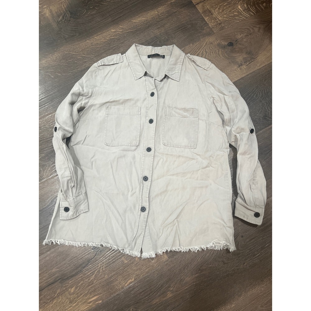 Black Tape Button Front Utility Shirt Beige Frayed Hem Long Sleeve Women's M